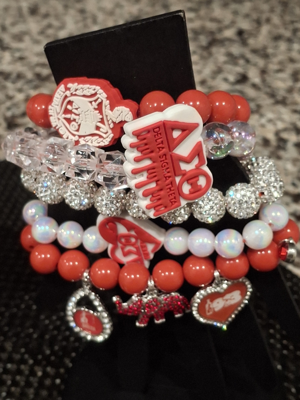 Red and White Beaded Bracelet Stack. Delta Sigma Theta.